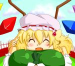  2girls ^o^ breasts cheek_squash closed_eyes fang female_pov flandre_scarlet hand_on_head hat hong_meiling jewelry large_breasts lossless multiple_girls open_mouth osatou pov smile the_embodiment_of_scarlet_devil touhou wings 