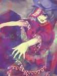  bad_id black_hair blue_eyes breasts buttons face fang fingernails flower geung_si ghost hands hat highres jiangshi kiguchiko long_fingernails miyako_yoshika nail_polish ofuda open_mouth outstretched_arms short_hair skirt solo tongue touhou zombie_pose 
