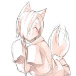  1girl animal_ears blush closed_eyes earrings fox_ears fox_tail hair_over_one_eye idolmaster idolmaster_cinderella_girls jewelry kemonomimi_mode kurokuro leash monochrome shirasaka_koume short_hair sleeves_past_wrists smile solo tail tail_wagging 