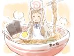  :d ano_hi_mita_hana_no_namae_wo_bokutachi_wa_mada_shiranai bowl closed_eyes dress egg eyes_closed food girl_in_food honma_meiko in_bowl in_container in_food kamaboko long_hair minigirl naruto_(food) noodles nori_(seaweed) open_mouth pun ramen shirotaka_(shirotaka) smile solo 