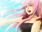  blue_eyes cleavage clouds flower megurine_luka open_mouth pink_hair sky solo vocaloid 