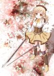 blonde_hair blood blood_splatter chiaki_(daybreak) drill_hair fingerless_gloves gloves gun hat highres magical_girl mahou_shoujo_madoka_magica pointing pointing_at_viewer rifle solo striped striped_legwear thigh-highs thighhighs tile_floor tiles tomoe_mami twin_drills weapon yellow_eyes 