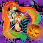  alternate_hair_color baton bowtie frills gloves green_eyes hat hatsune_miku heterochromia highres jack-o&#039;-lantern jack-o'-lantern mini_top_hat mrs.pumpkin_no_kokkei_na_yume_(vocaloid) orange_hair pumpkin red_eyes shorts sitting star striped striped_legwear teto-shia923 thighhighs top_hat vocaloid 