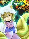  blonde_hair bust eyelashes fox_tail hands_in_sleeves hat lips multiple_tails short_hair smile solo sss0124 tail touhou yakumo_ran yellow_eyes 