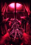  bad_id bat_wings chair crossed_legs hand_on_own_face hand_to_face hat highres hima_(mizu_ni_tsuyoi) himajin_tohakagiranai legs_folded red red_background red_eyes red_shoes remilia_scarlet shoes sitting solo touhou window wings 