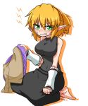  1girl arm_warmers blonde_hair clenched_teeth dress green_eyes highres jacket jacket_removed katsumi5o mizuhashi_parsee pointy_ears short_hair sleeveless solo touhou 