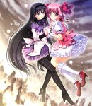  akemi_homura akino_shin black_hair black_legwear boots bubble_skirt choker flying gloves hairband hand_holding holding_hands kaname_madoka kneehighs kotoji long_hair magical_girl mahou_shoujo_madoka_magica multiple_girls pantyhose pink_eyes pink_hair puffy_sleeves purple_eyes shoes short_hair smile very_long_hair violet_eyes white_gloves white_legwear 