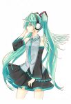  aqua_eyes aqua_hair bad_id detached_sleeves hand_on_headphones hatsune_miku headphones long_hair necktie simple_background skirt solo twintails very_long_hair vocaloid wensui wings 