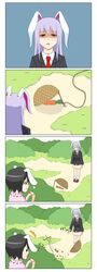  2girls 4koma animal_ears black_hair bunny_ears carrot comic drop_trap failure finger_gun highres inaba_tewi lavender_hair multiple_girls reisen_udongein_inaba rokugatsu_t short_hair silent_comic socks touhou translated 