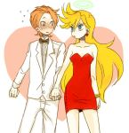  1girl blonde_hair blush bowtie brief_(character) brief_(psg) couple dress earrings freckles halo hand_holding heart holding_hands jewelry orange_hair panty_&amp;_stocking_with_garterbelt panty_(character) panty_(psg) red_dress tuxedo 