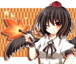  bad_id black_hair black_wings hat horon red_eyes shameimaru_aya solo tokin_hat touhou wings wink 