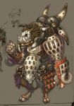  armor boar brown_hair highres horns jewelry kcn messy_hair monster ring simple_background skull tusk tusks 