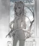  gun h2so4 house indoors midriff monochrome navel no_pants open_clothes open_shirt original panties shirt short_hair sketch solo tail tiger_ears tiger_tail tree underwear weapon window 