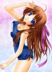  blue_eyes breasts brown_hair cleavage hair_ribbon long_hair looking_up open_mouth original ribbon school_swimsuit solo swimsuit traditional_media yukaxcat 