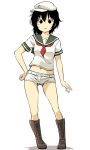 1girl black_eyes black_hair boots cross-laced_footwear hand_on_hip hat highres looking_at_viewer midriff murasa_minamitsu navel neckerchief sailor_hat shirt short_shorts short_sleeves shorts simple_background smile solo touhou white_background yudepii 