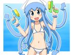  :d blue_eyes blue_hair blush bracelet dual_wielding flat_chest goriate hat ikamusume jewelry long_hair mound_of_venus navel open_mouth shinryaku!_ikamusume side-tie_bikini smile swimsuit tentacle_hair water_gun 