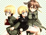  animal_ears blonde_hair blue_eyes blush book boots brown_eyes brown_hair dog_ears erica_hartmann gertrud_barkhorn glasses hand_on_shoulder hug itsuki_kuro locked_arms military military_uniform multicolored_hair multiple_girls open_mouth panties short_hair siblings sisters smile strike_witches tail twins twintails two-tone_hair underwear uniform ursula_hartmann 