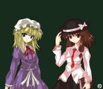  2girls blonde_hair book brown_hair dress hand_on_hat hat kaoru_(gensou_yuugen-an) maribel_hearn multiple_girls necktie ribbon shirt simple_background touhou usami_renko 