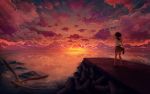  1girl aya_(star) barefoot bird black_hair clouds holding holding_shoes ocean original sailor scenery school_uniform shoes_removed short_hair sky solo sunset 