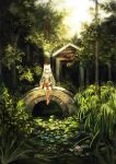  barefoot bow bridge bryanth forest fujiwara_no_mokou hair_bow highres lily_pad long_hair nature pond red_eyes river scenery silver_hair sitting solo suspenders touhou tree very_long_hair 