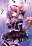  bell black_legwear cat_ears cat_tail copyright_request earrings frills garters gothic gothic_lolita highres jewelry jingle_bell lingerie lolita_fashion petticoat purple_hair short_hair solo tail tail_bell thigh-highs thighhighs ueda_ryou underwear yellow_eyes 