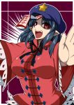  bags_under_eyes beret black_hair blue_hair breasts bust fangs geung_si hat highres jiangshi large_breasts miyako_yoshika ofuda open_mouth outstretched_arms pale_skin pointy_ears red_eyes sharp_teeth short_hair smile solo star tajima_yuuki touhou zombie_pose 