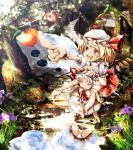  apple artist_request bare_legs barefoot bat_wings blonde_hair blue_hair carrying closed_eyes dress eyes_closed feet flandre_scarlet flower food forest fruit haruhina_purple hat multiple_girls nature open_mouth panties pink_dress pointing puddle red_dress red_eyes reflection remilia_scarlet shoulder_carry siblings sisters smile touhou tree underwear upskirt water white_panties wings 
