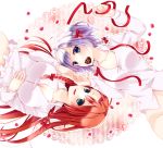  2girls aqua_eyes bangs blue_eyes breasts chitose_(usacan) chocolate chocolate_heart collarbone heart holding_hands hong_meiling izayoi_sakuya large_breasts looking_at_viewer lying maid_headdress multiple_girls no_panties on_back parted_bangs redhead silver_hair touhou upside-down valentine wavy_mouth white_blouse 