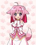  animal_ears bad_id bare_shoulders blush dog_days dog_ears dog_tail dress gloves millhiore_f_biscotti pink_hair purple_eyes short_hair solo tail tea_(084630000) violet_eyes 