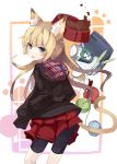  bike_shorts blonde_hair blue_eyes can canned_food cat_ears cat_tail cattail hands_in_pockets highres hoodie looking_back mazonano original pet_bowl plant skirt solo tail 