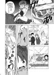  aiming comic drill_hair fang fingerless_gloves gloves gun_in_mouth hidden_eyes mahou_shoujo_madoka_magica monochrome pantyhose sakura_kyouko shino_(ponjiyuusu) tomoe_mami translation_request 