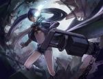  black_hair black_rock_shooter black_rock_shooter_(character) blue_eyes boots chain chains glowing glowing_eye navel solo twintails yukiusagi1983 