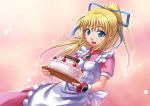  apron blonde_hair blue_eyes blush cake food hair_ribbon lilith_aileron misao_(kami_no_misoshiru) pink_background ribbon tales_of_(series) tales_of_destiny 