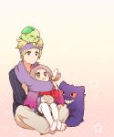  &lt;o&gt;&lt;o&gt; &lt;o&gt;_&lt;o&gt; 1boy 1girl bad_id barefoot blonde_hair brown_eyes brown_hair chikorita gengar gradient gradient_background grin headband height_difference hug hug_from_behind indian_style kotone_(pokemon) kzmushi matsuba_(pokemon) no_hat no_headwear no_shoes on_head pink_background pokemon pokemon_(creature) pokemon_(game) pokemon_gsc pokemon_heartgold_and_soulsilver pokemon_hgss purple purple_eyes scarf shared_scarf sitting sitting_on_lap sitting_on_person size_difference smile thigh-highs thighhighs twintails violet_eyes 