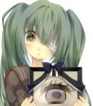  bad_id bandage bandage_over_one_eye bandages eyepatch green_hair hatsune_miku head_tilt long_hair paranato photo_(object) picture simple_background solo twintails vocaloid 