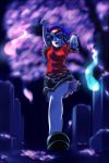  arm_up beret blue_eyes blue_hair geung_si ghost graveyard hat highres hitodama jiangshi miyako_yoshika ofuda open_mouth outstretched_arms short_hair shuu_(raysen) skirt smile solo standing tombstone touhou walking zombie_pose 