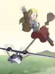  arm_up blonde_hair broom broom_riding consolidated_pby_catalina flying flying_boat happy highres inui_(jt1116) inui_(pixiv) jacket military mountain open_mouth original pby pby_catalina sidesaddle skirt smile witch 