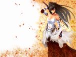  bandage black_hair blue_eyes breasts character_request choker cleavage copyright_request fingerless_gloves gloves hakama japanese_clothes katana large_breasts leaf long_hair navel ponytail sarashi solo sun-3 sword wallpaper weapon 