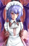  1girl alternate_costume apron arms_behind_back bat_wings cowboy_shot curtains dress enmaided hair_between_eyes highres indoors lavender_hair looking_at_viewer maid maid_apron maid_headdress red_dress red_eyes remilia_scarlet short_hair slit_pupils smile solo touhou wings 