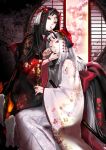  artist_request black_hair bow butterfly candle cherry_blossoms fire flame flower hair_ornament horns japanese_clothes kabi_(kb) kimono long_hair multiple_girls oni original red_eyes sword tree weapon white_hair 