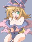  :d bare_legs bare_shoulders blonde_hair blue_background blush blush_stickers breasts cleavage dark_magician_girl duel_monster green_eyes hat large_breasts long_hair naitou_kouse open_mouth pentacle pentagram smile v_arms wink yu-gi-oh! yuu-gi-ou yuu-gi-ou_duel_monsters 