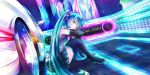  1girl aqua_eyes aqua_hair boots car detached_sleeves dutch_angle hatsune_miku headset long_hair looking_at_viewer miro_(mmmyyyy) motor_vehicle sitting skirt solo thigh-highs thigh_boots twintails vehicle very_long_hair vocaloid 