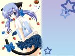  bag basket blue_eyes blue_hair blush cat cat_ears cat_tail catgirl checkered food fruit highres long_hair nekomimi nekoneko original ribbon school_uniform skirt strawberry tail thigh_highs thighhighs twintails uniform wallpaper zettai_ryouiki 