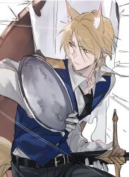  1boy absurdres animal_ears arknights belt belt_buckle black_belt black_necktie blonde_hair blue_vest buckle closed_mouth fighting_stance gloves highres holding holding_sword holding_weapon long_sleeves looking_back male_focus mlynar_(arknights) necktie projectile_trail ready_to_draw sheath sheathed shirt solo sword taking_cover turning_head under_fire vest weapon white_gloves white_shirt yakota_(usuk-yako) yellow_eyes 