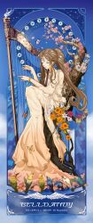  1girl aa_megami-sama absurdres art_nouveau belldandy bird bracelet brown_hair bug butterfly character_name cherry_blossoms closed_eyes dress earrings facial_mark flower forehead_mark full_body harp highres instrument jewelry long_dress long_hair music open_mouth playing_instrument ponytail ring sitting solo user_zfks3237 