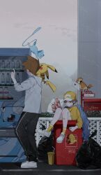 2boys alternate_color bird blue_oak bottle bouquet brown_hair character_print cup disposable_cup dragonair dragonite drinking_straw envelope fence hat highres hood hood_down in_container in_trash_can male_focus mew mew_(pokemon) milk_bottle moomoo_milk multiple_boys pants pidgey pokemon pokemon_(creature) pokemon_frlg red_(pokemon) shiny_pokemon shirt shoes short_hair socks trash_bag trash_can vending_machine water_bottle white_footwear x_grlo4 yellow_hat yellow_shirt yellow_socks