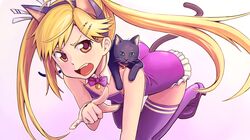  1girl bell blonde_hair blush boots bowieknife cat cat_ears cat_tail catgirl choker collar fang female flat_chest hair_ornament hair_ribbon hairband hairclip highres jingle_bell kirishima_akari long_hair noir_(nyan_koi) nyan_koi nyan_koi! open_mouth pointing purple_legwear ribbon solo striped tail thigh-highs thigh_boots thighhighs twintails upper_teeth wrist_cuffs yellow_eyes 