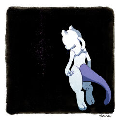  1boy arms_at_sides black_background border commentary_request crying facing_away floating full_body male_focus mewtwo pokemon pokemon:_the_first_movie_-_mewtwo_strikes_back pokemon_(anime) pokemon_(classic_anime) pokemon_(creature) signature solo taiyakineco white_border 