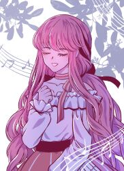  1girl bare_shoulders belt black_belt black_bow black_ribbon bow bow_choker bowtie branch choker clenched_hand closed_eyes collarbone commentary cowboy_shot eyelashes frilled_shirt frilled_skirt frilled_sleeves frills hair_bow hair_ribbon hand_on_own_chest highres ho_cong infinity_nikki layered_skirt leaf lipstick long_hair long_sleeves low_twintails makeup musical_note nikki_(nikki) nikki_(series) off-shoulder_shirt off_shoulder open_mouth pink_bow pink_bowtie pink_choker pink_hair pink_lips pink_skirt procreate_(medium) puffy_long_sleeves puffy_sleeves ribbon shirt sidelocks single_stripe skirt sleeves_past_wrists smile solo staff_(music) standing striped_bow striped_bowtie striped_choker striped_clothes striped_skirt symbol-only_commentary tress_ribbon twintails vertical-striped_clothes vertical-striped_skirt very_long_hair wavy_hair white_background white_shirt white_skirt 