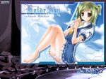  1girl baldr_sky barefoot blush eyebrows_visible_through_hair female green_hair looking_at_viewer panties seifuku short_hair smile solo underwear wakakusa_nanoha white_panties 